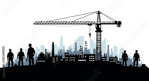 Silhouette of construction workers and crane against a city skyline with a blue-tinted urban landscape in the background.