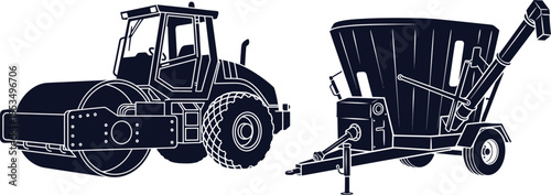 Silhouettes of Road Roller and Grain Auger Trailer on White Background construction asphalt