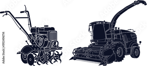 Tiller And Forage Harvester Silhouettes On White Background agriculture farming