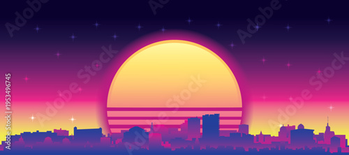Purple generic retro futuristic synthwave panoramic poster of the city skyline with misty background sunset buildings of MALAGA, SPAIN