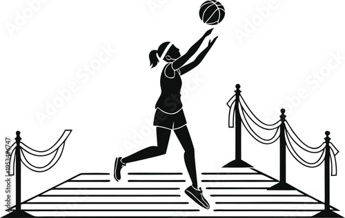 Female volleyball setter silhouette, precise ball set in mid-air moment, elegant athletic motion, minimalist black and white vector sports illustration