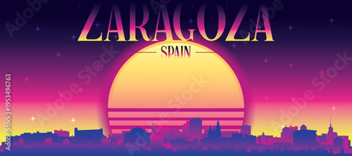 Purple generic retro futuristic synthwave panoramic poster of the city skyline with misty background sunset buildings of ZARAGOZA, SPAIN