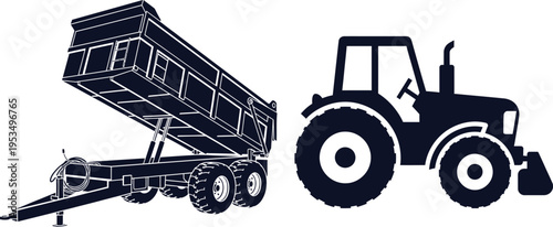 Tractor and Tipping Trailer Silhouettes on White Background Keywords: agriculture, farming, tractor, vehicle, trailer, tipping