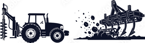 Tractor with Auger Attachment and Agricultural Tiller Breaking Ground agriculture farming