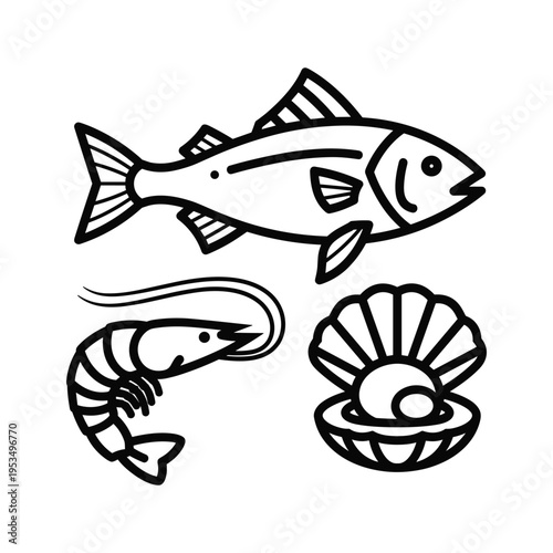Set of Seafood Icons: Fish, Shrimp, and Pearl in Shell
