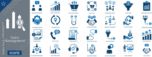 24 Sales Management Icons Bi Color Blue Glyph Set for Lead Conversion, Sales Funnel, CRM, and Performance Analytics