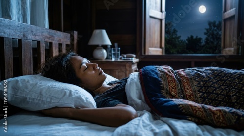 Tranquil Nighttime Scene of a Person Sleeping Peacefully in Bed Under Moonlight with Open Window