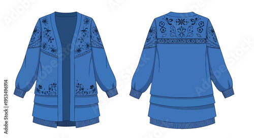Intricate blue bohemian cardigan design with unique folk-inspired embroidery showcasing front and back views for fashion blueprint concepts and