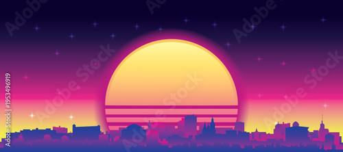 Purple generic retro futuristic synthwave panoramic poster of the city skyline with misty background sunset buildings of ZARAGOZA, SPAIN