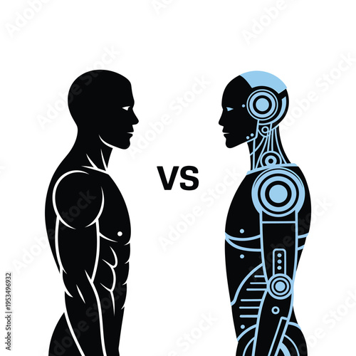 Human versus robot a silhouette illustration of opposing entities