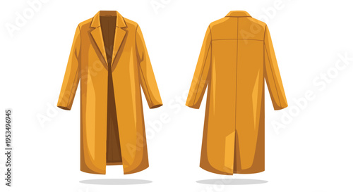 Detailed vector illustration of a classic amber-hued long coat presenting both its elegant front and structured back silhouette for versatile design