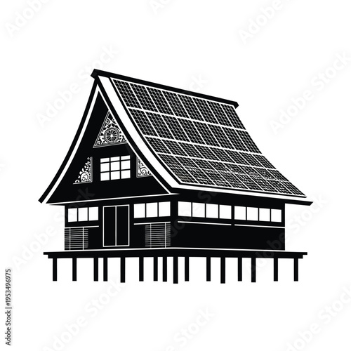 Traditional black and white house with a modern solar panel roof