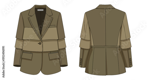 Modern deconstructed women's blazer fashion illustration featuring unique layered panels and a sophisticated earthy palette for design concepts