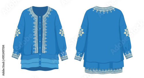 Vibrant blue embroidered tunic featuring intricate folkloric patterns and a unique layered hem design