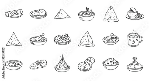 Indian Food Line Icon Set, Traditional Curry Street Snacks and Sweets Outline Vector Collection