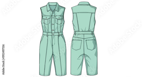 Detailed technical flat drawing of a fashionable sleeveless utility jumpsuit in refreshing aqua, perfect for apparel design, pattern making and