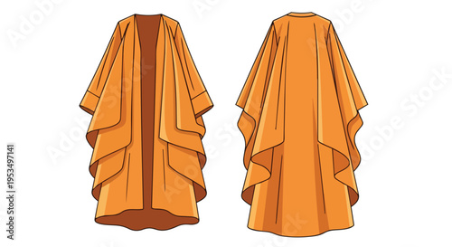 Vibrant orange fashion garment vector illustration showcasing its distinct front and back design with elegant draping and flowing sleeves, a chic