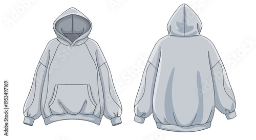 Technical drawing of a stylish oversized grey hoodie presented with clear front and back views, ideal for showcasing fashion apparel design concepts