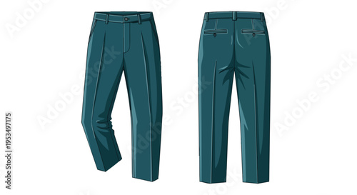 Elegant teal mens dress pants illustration showcasing meticulous front and rear tailoring details perfect for apparel design projects and style