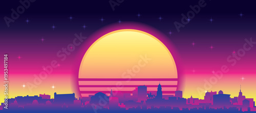 Purple generic retro futuristic synthwave panoramic poster of the city skyline with misty background sunset buildings of STOCKHOLM, SWEDEN
