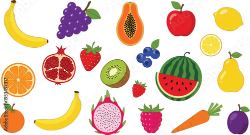 Fresh fruits collection with banana apple watermelon berries citrus kiwi and tropical healthy food vector illustration set