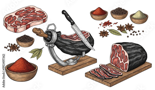 A vector graphic illustration of a meat slicer with various cuts of meat and spices