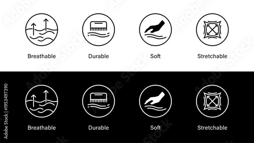 Fabric care icons breathable durable soft stretchable symbols set icon. Set of fabric care icons showing breathable durable soft and stretchable textile properties in minimal outline style suitable fo