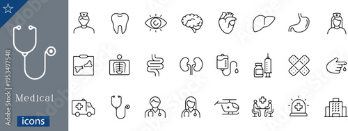 24 General Medical Care and Healthcare Services Icons Minimalist Outline Line Art for Medical Professionals, Diagnostics, Emergency Equipment, and Organ Health