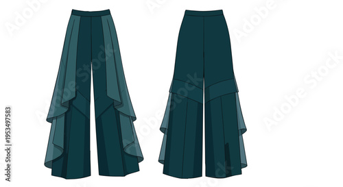 Modern wide-leg trousers design featuring elegant layered sheer fabric overlays creating a fluid, sophisticated silhouette, ideal for fashion