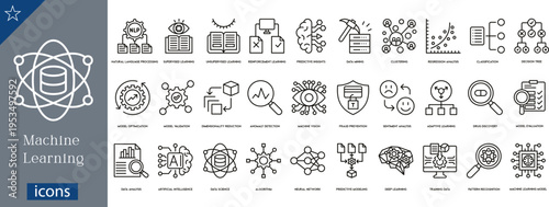 30 Machine Learning and Artificial Intelligence Icons Minimalist Outline Line Art for Neural Networks, Data Science, and Algorithmic Logic