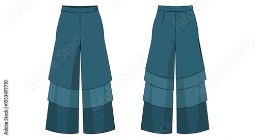 Elegant wide-leg tiered trousers flat sketch in varying shades of teal, showcasing a flowing silhouette for contemporary apparel design and fashion