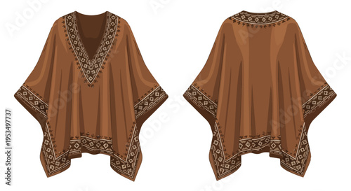 Warm earthy tones define this traditional garment, showcasing intricate geometric patterns on its flowing drape, ideal for cultural illustration