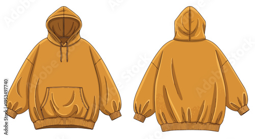 Modern loose-fit mustard hoodie illustration showcasing front and back views for apparel design