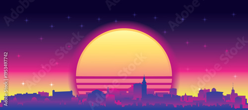 Purple generic retro futuristic synthwave panoramic poster of the city skyline with misty background sunset buildings of SALZBURG, AUSTRIA