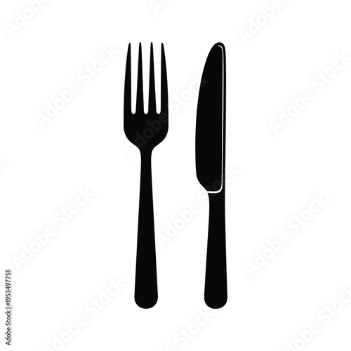 Black Silhouette of Fork and Knife on White Background