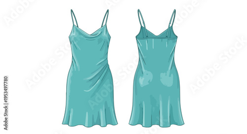 Turquoise slip dress vector art, front and back. Features a graceful cowl neck, thin straps, and a fluid silhouette with a gentle flared hem. For