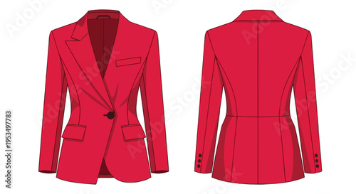 Vibrant red women's tailored blazer technical fashion illustration showcasing front and back apparel design