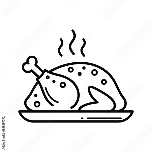 Obraz na plátne Roast Chicken Icon - Simple Line Art Drawing of a Hot Meal on a Platter