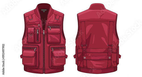 Versatile red outdoor utility vest with numerous functional pockets designed for adventure and practical use