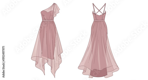 Elegant dusty rose formal gown illustration with a chic one-shoulder asymmetrical design and criss-cross back straps