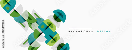 Abstract geometric shapes overlap, creating dynamic visual texture. Green, blue, gray hues dominate minimalist composition.