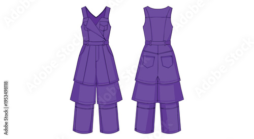 Purple sleeveless jumpsuit with V-neck, belted waist, and tiered wide-leg pants design. Front and back technical flat illustration for modern