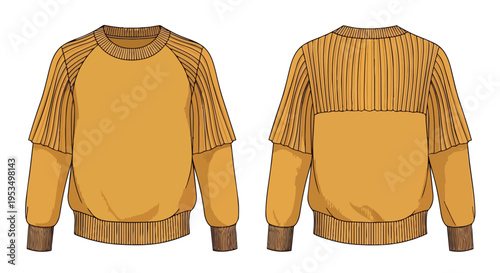 Stylish mustard yellow raglan sweater flat sketch showcasing ribbed details front and back a comprehensive apparel design illustration for fashion