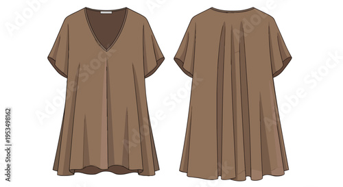 Detailed flat sketch showcasing a flowing brown V-neck tunic dress, expertly illustrating both front and back perspectives for precise garment