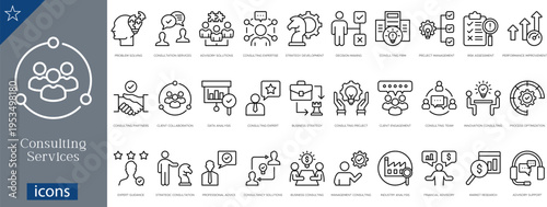 30 Consulting Services Icons Minimalist Outline Line Art for Business Strategy, Team Management, and Professional Advisory