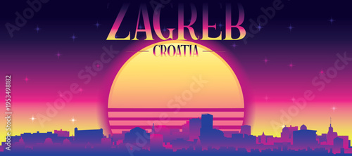Purple generic retro futuristic synthwave panoramic poster of the city skyline with misty background sunset buildings of ZAGREB, CROATIA