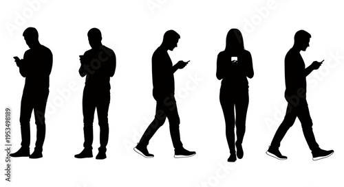 Group of people silhouettes using smartphones in an urban setting, capturing modern daily life.