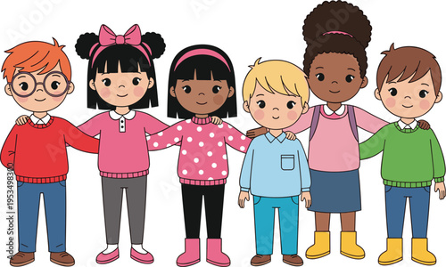Cute Diverse Kids Standing Together Friendship Multicultural Children Cartoon Vector Illustration