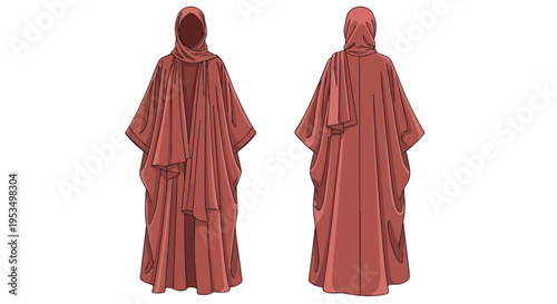 Technical fashion drawing of a graceful hooded modest robe showcasing front and back views