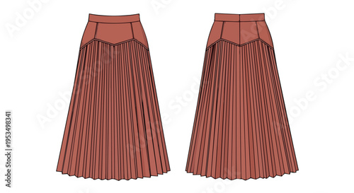 Terracotta pleated skirt flat sketch, structured waist, long elegant pleats, fashion design, technical drawing, apparel creation. For modern garment